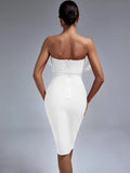 White Bandage Dress Women Feather Party Dress Bodycon Elegant Midi Sexy Strapless Evening Birthday Club Outfits Summer 2023