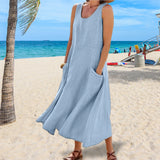 Summer Sleeveless Sundress Round Neck Pockets Loose Dresses European Fashion Casual Breathable Cotton Linen for Weekend Vacation