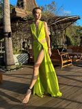 Sexy V Neck Hollow Out High Waist Split Maxi Dress Women Sleeveless Pleated Floor Length Robes 2024 Summer Lady Beach Vestidos