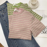Summer Short Sleeve Striped T-Shirts Versatile Women Knitted Basic Casual Tops Female Cozy Loose Cotton Tees Harajuku Shirt