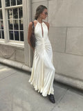 Sexy Pleated Drawstring Slim Flounce Maxi Dress Women Chic Cut Out Sleeveless Ruffle Robes 2024 Spring Club Party Chic Vestidos