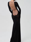Women See Through Bodycon Long Dress Long Sleeve Mesh Sheer Maxi Dress Cross Tie Up Backless Club Party Dress Sexy Casual Daily
