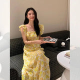 MEXZT Vintage Floral Midi Dress Women Sweet Print Square Neck A Line Dresses Korean Vacation Yellow Flying Sleeves Slim Vestidos