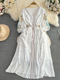 Women Spring Summer Dress Vintage Ethnic Storm Semitic Beach Vacation V-neck Embroidered Waist Slim Mid Length Dress D4107