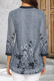 Women's Plus Size T shirt Dressy Dusty Blue Mesh Floral Print Contrast Color Split Neck 3/4 Sleeve Casual V-Neck Vintage Top