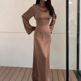2024 New Elegant Long Dresses Fashion Vintage Simple Round Neck Satin Flare Sleeve Lace Up Slim Evening Party Women Sexy Dress