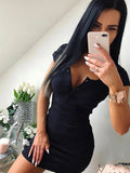 Summer Dress Fall Women Sexy Casual Knit Sheath Mini Dresses Ladies Solid V Neck Chest Button Short Sleeve Bodycon Dress