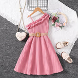 2024 New Summer Dress Pink White Sleeveless Skirt With Diagonal Lace &Belt Fashion Vacation Party Daily For 4-12Ys Kids Outfit