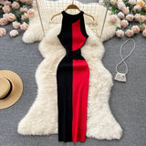 YuooMuoo Women Dress 2024 Summer Elegant Rib Knit Slim Waist Bandage Pencil Dress Office Lady Sleeveless Bodycon Sweater Dress