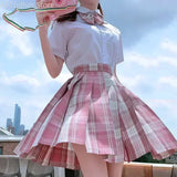 Japanese School Uniform Korean Student JK Seifuku Blouse Pleated Skirt Sailor Full Set Girl Plaid Skirt Pink Uniforms for Woman