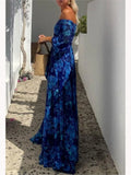 New Sexy Slash Neck Maxi Dress Fashion Printed Elegant Casual Long Dress For Women Loose Lace Up Beach Party Dresses Robe Femme
