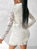 Women Elegant Dress Offices Hollow Out Pocket Design Button Lace Shirt Dresses Female Lace Vestidos Lady Patry White Clothes