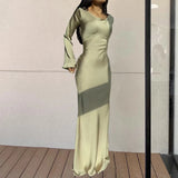 2024 New Elegant Long Dresses Fashion Vintage Simple Round Neck Satin Flare Sleeve Lace Up Slim Evening Party Women Sexy Dress