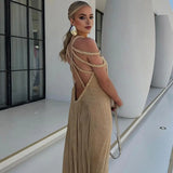 Braided Rope Panel Dress Elegant Off Shoulder Maxi Dress with Braided Straps for Women Solid Color Vacation Beach Sundress