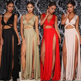 2024 Women Sexy Sleeveless V-neck High Slit Hollow Out Bodycon Bandage Dress for NightClub Party Long Wrap Maxi Dress Vestido u2