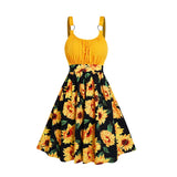 Sunflower Print Colorblock Sundress Ruched O Ring High Waist Vacation Dress For Female Summer Beach Robe