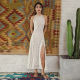 Lace Backless Dress For Women'S Summer High End Design Sense White Beach Vacation Hanging Neck Hollow Out Split Waist Slim Thai