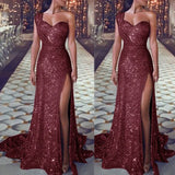 2022  Models  Dresses Women Elegant And Sexy One-shoulder Sleeveless Bronzing Dress Split  Wo