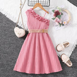2024 New Summer Dress Pink White Sleeveless Skirt With Diagonal Lace &Belt Fashion Vacation Party Daily For 4-12Ys Kids Outfit