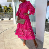 Spring New French Lace Dress For Women Elegant Stand Collar Commute Solid Color Long Sleeves Dresses Summer British Style Skirts
