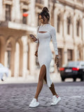 Women White Knitted Long Midi Dress Autumn Winter Solid Office Lady Pullover Bodycon Slim Long Sleeve Sweet Sexy Sweater Dress