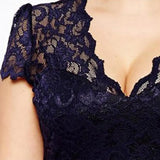 Summer Women See-through Lace Patchwork Mini Dress V-Neck Short Sleeve Slim Fit Plus Size Party Dress Female Clothing