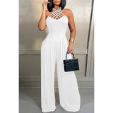 Plus Size White Daily Hollowed Out V Neck Strappy Sleeveless Regular Jumpsuits