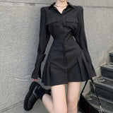 HOUZHOU Black Shirt Dress Women Elegant Vintage Long Sleeve Dresses Sexy Gothic Pleated Streetwear Turn-down Collar Casual Robe