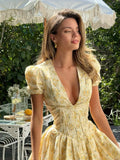 Summer Elegant Print Deep V-neck Mini Dress Women Fashion Short Puff Sleeve Pleated Dresses 2024 Chic Lady Party Beach Vestidos