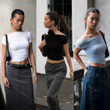 Summer New T-shirt Women Sexy Short Sleeve Fashion Tees Slash Neck Folds Crop Top Casual Streetwear Bodycon Solid Basic T-shirts