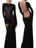 Women See Through Bodycon Long Dress Long Sleeve Mesh Sheer Maxi Dress Cross Tie Up Backless Club Party Dress Sexy Casual Daily