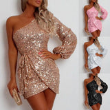 Dresses For Women 2024 One Shoulder Long Sleeve Glitter Sequin Mini Dress Side Split Fashion Party Prom Evening Dress платье