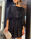 Sparkly Puff Long Sleeve Party Dress with Belt for Women Glitter Beaded Mini Dress Loose Wedding Bridesmaid Ladies Short Dresses