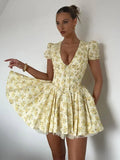 Summer Elegant Print Deep V-neck Mini Dress Women Fashion Short Puff Sleeve Pleated Dresses 2024 Chic Lady Party Beach Vestidos