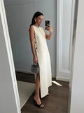 Spring Button Split Sleeveless Women's Dress Elegant Solid O-neck Loose Long Robes 2024 Summer Female Vacation Party Vestidos