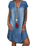 Plus Size Women's Fashion Casual Blue Dress Solid V Neck Party Loose Short Sleeve Dress