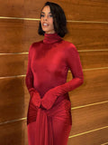 Articat High Neck Long Sleeve Bodycon Dress For Women Tight Elastic Lace Up Maxi Long Dress Autumn 2023 New Party Club Vestidos