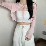 Summer Women Thin Sunscreen Cardigan Lace-up Knitwear Tops Female Korean Style Lantern Sleeve Short Coat Casual Sun Protected