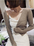 Spring and Autumn Golden Silver V-Neck Sexy Sparkling Yarn Thread Knitted Pearl Button Cardigan for Women