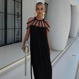 Braided Rope Panel Dress Elegant Off Shoulder Maxi Dress with Braided Straps for Women Solid Color Vacation Beach Sundress
