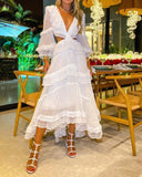 BKLD 2024 Elegant White Dress Lace Patchwork Vintage High Waist Hollow Out V-Neck Slim Long Dresses Party Clubwear Women Clothes
