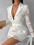 Women Elegant Dress Offices Hollow Out Pocket Design Button Lace Shirt Dresses Female Lace Vestidos Lady Patry White Clothes