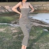 Striped Knitted Slim Dresses Women's Summer Skinny Sleeveless Bodycon Long Dress Casual Holiday Wrap Hip Sundress