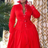 Plus Size Semi Formal Dress Red Button Long-Sleeved PU Leather Midi Dress With Pocket