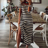 Women Oversized Long Dress Vintage Short Sleeve Striped Maxi Split Floral Dress Casual T Shirt Dress Summer Loose Beach Sundress