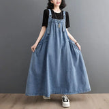 Spring Summer Women Denim Suspender Long Skirt Loose Casual Punk Vintage Style Cargo Female Popular Large Swing Dress Z691