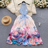 2024 Summer Vacation Beach Chiffon Dress Women Halter Off Shoulder Flower Print Sashes Lace Up Long Boho Robe Loose Vestido 6361