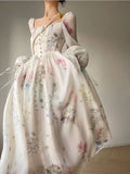 French Elegant Floral Midi Dress Chiffon Long Sleeve Evening Party Dress Woman Beach Fairy One Piece Dress Korean 2024 Spring