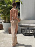 QWEEK 2024 Beach Sexy Knitted Backless See-through Slit Halter Slip Long Dress Holiday Vacation Off Shouder Summer Maxi Dresses