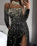 Evening Dresses Fashion Print Ombre High Slit Mesh Patch Sexy Party Style Mock Neck Elegant Long Dresses for Women 2023 New
